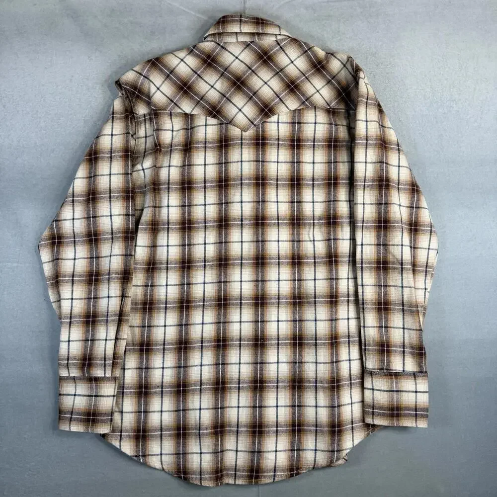 Wrangler Western Flannel Shirt Mens Medium Brown Plaid Pearl Snap Wrancher